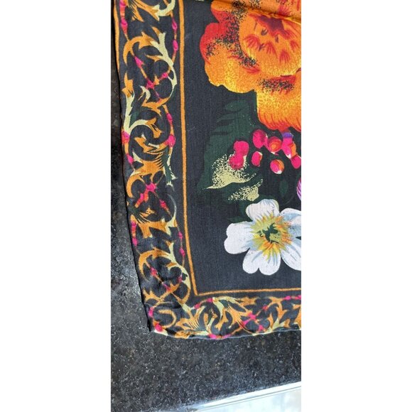 Vtg Scarf GOLDEN DRAGON 100% Silk  Handmade Black Floral Design in Multicolor - Picture 9 of 9